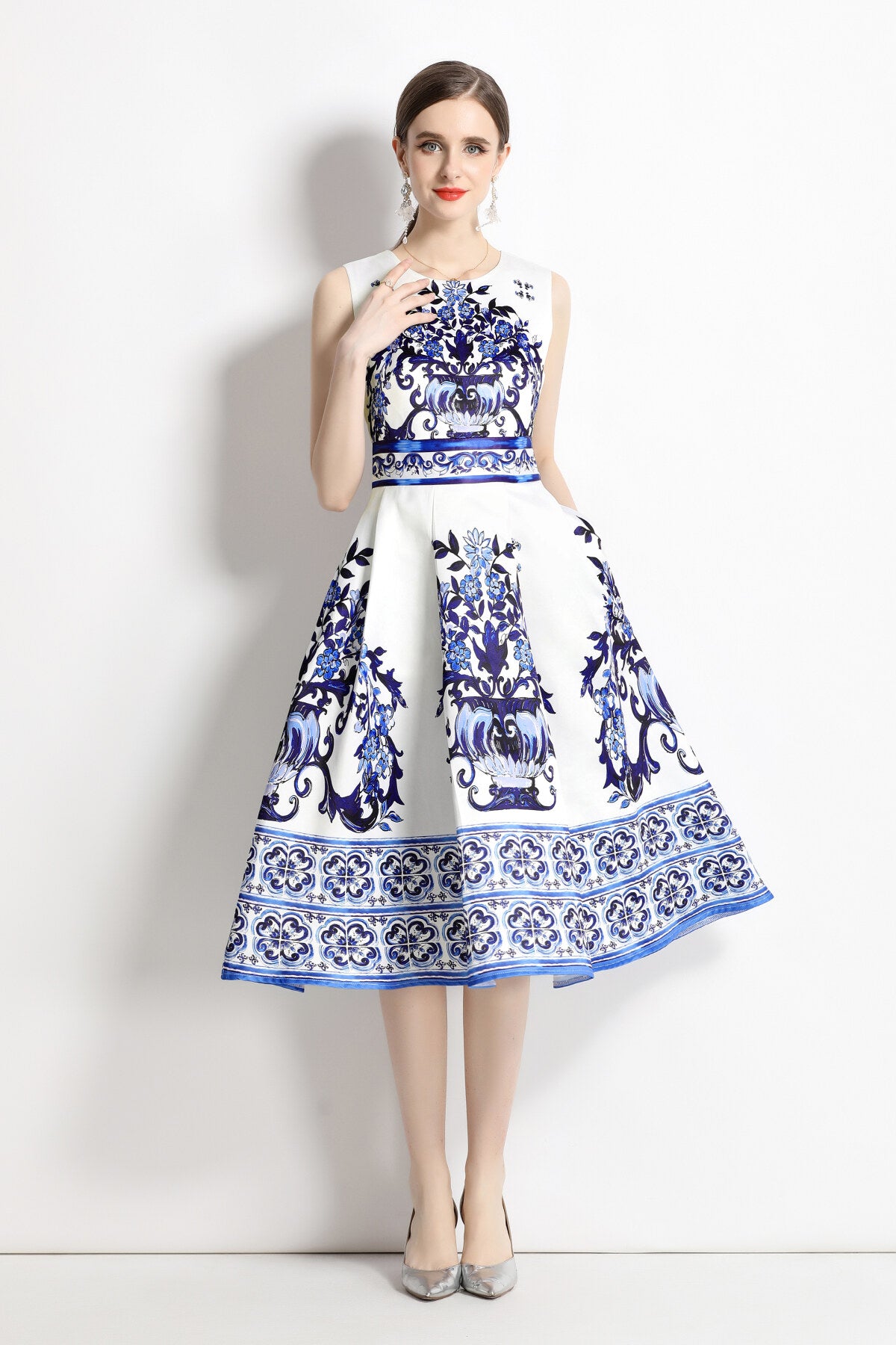 oriental printed slim fit midi dress all blue 2