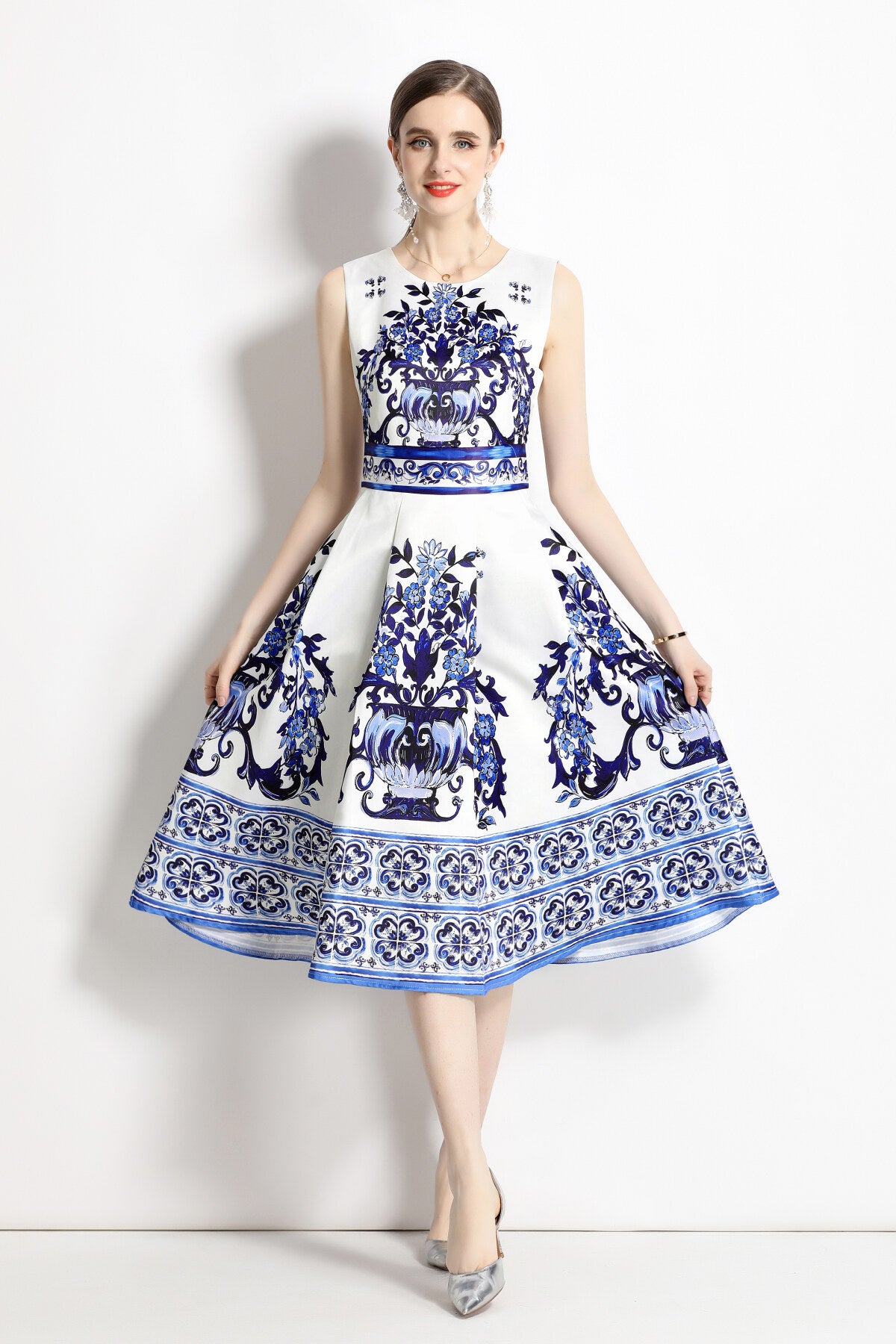 oriental printed slim fit midi dress all blue 3