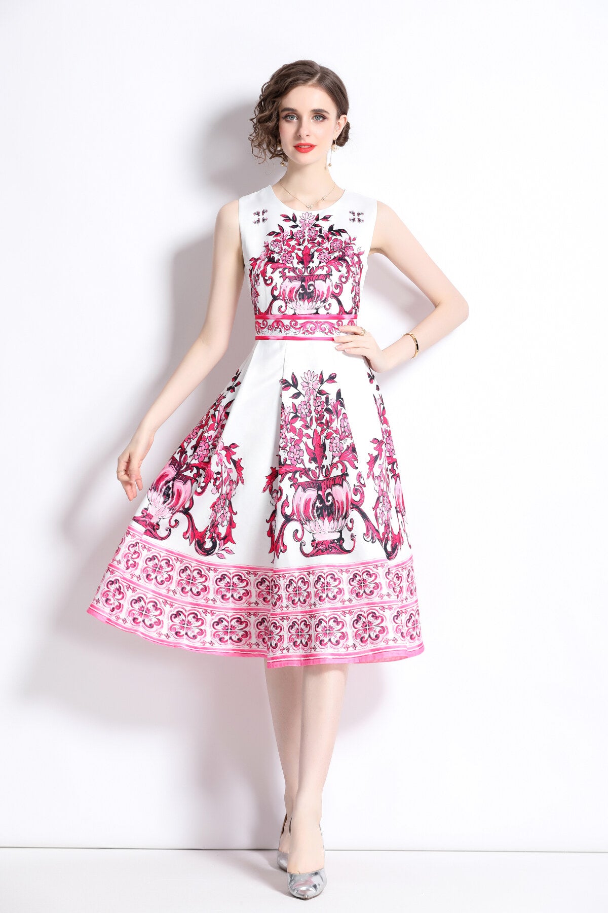 oriental printed slim fit midi dress all pink 2