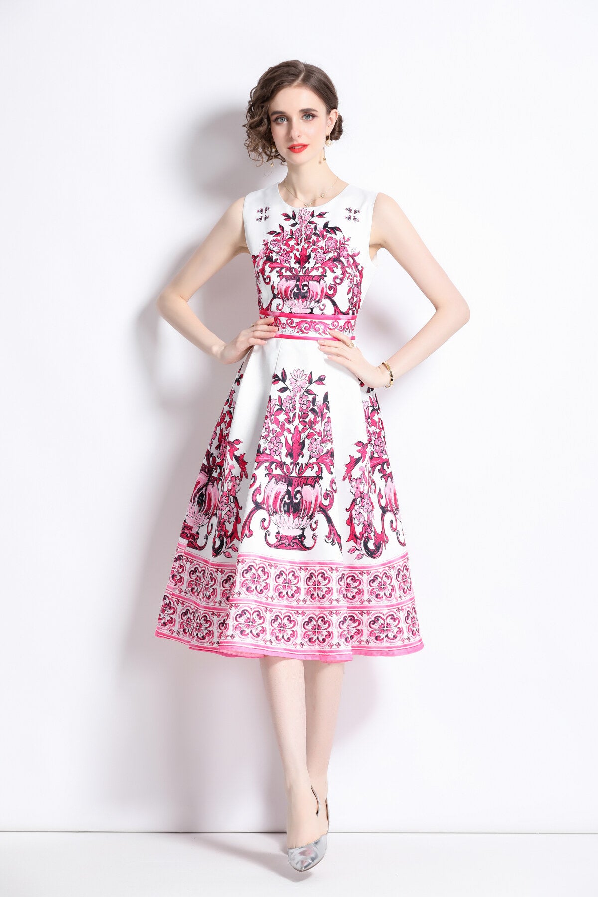 oriental printed slim fit midi dress all pink 3