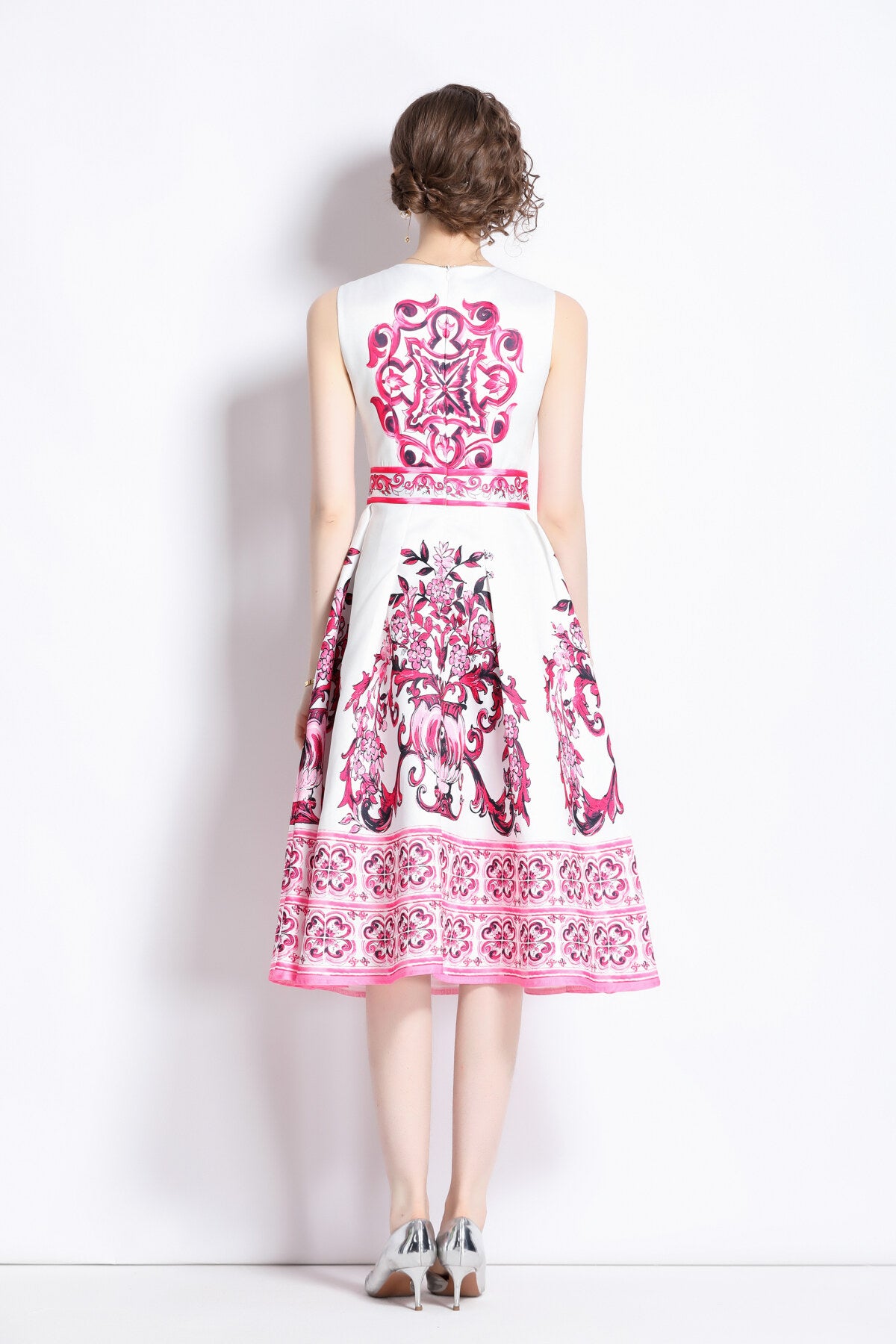 oriental printed slim fit midi dress all pink 4