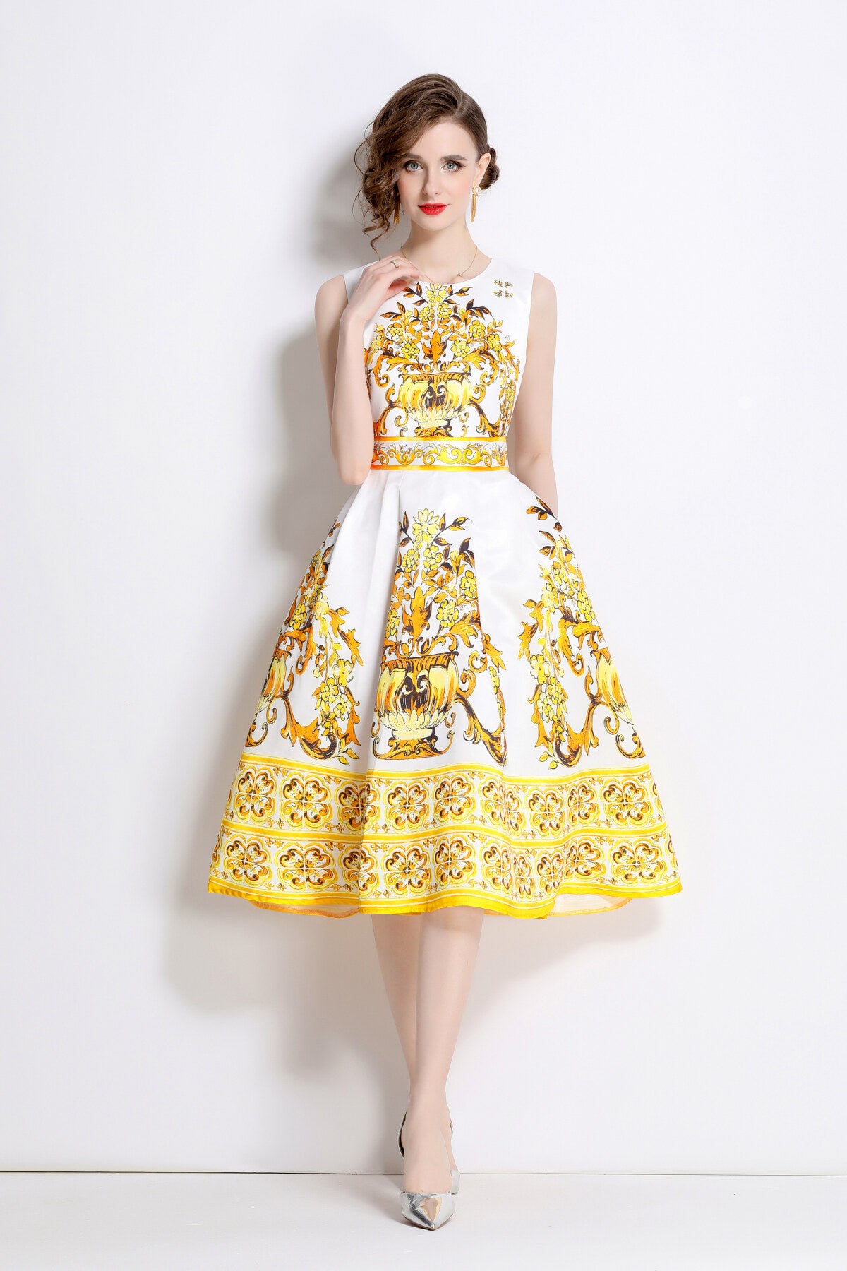 oriental printed slim fit midi dress all yellow 1
