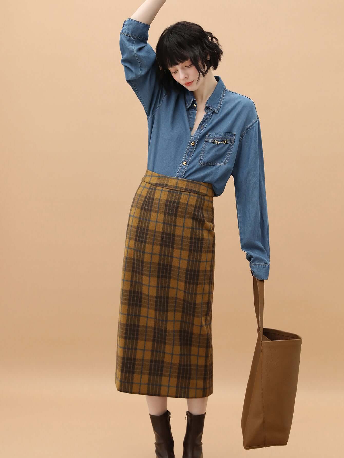 oversized button down denim shirt with light gold horse buckle all blue 2