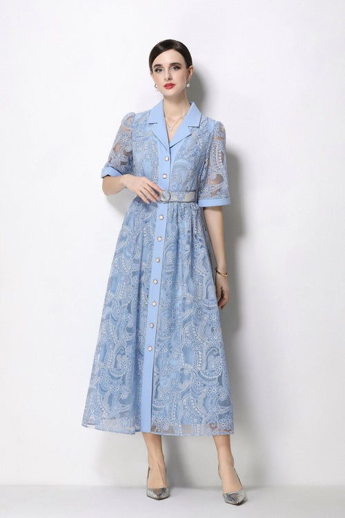 Paisley Cutwork Lace Notched-Collar Midi Dress with Cuffed Sleeves