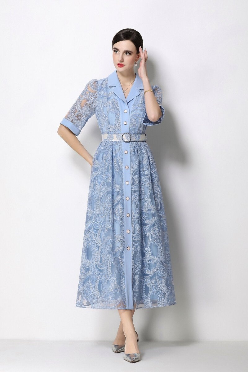 Paisley Cutwork Lace Notched-Collar Midi Dress with Cuffed Sleeves