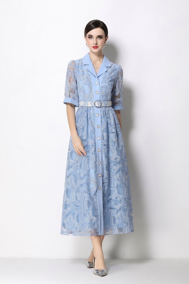 Paisley Cutwork Lace Notched-Collar Midi Dress with Cuffed Sleeves
