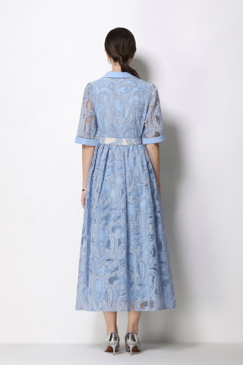 Paisley Cutwork Lace Notched-Collar Midi Dress with Cuffed Sleeves