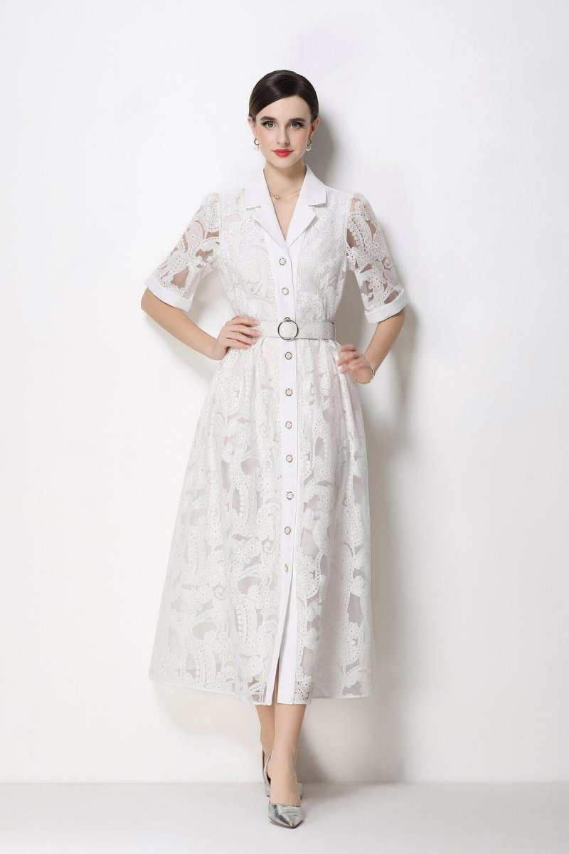 Paisley Cutwork Lace Notched-Collar Midi Dress with Cuffed Sleeves