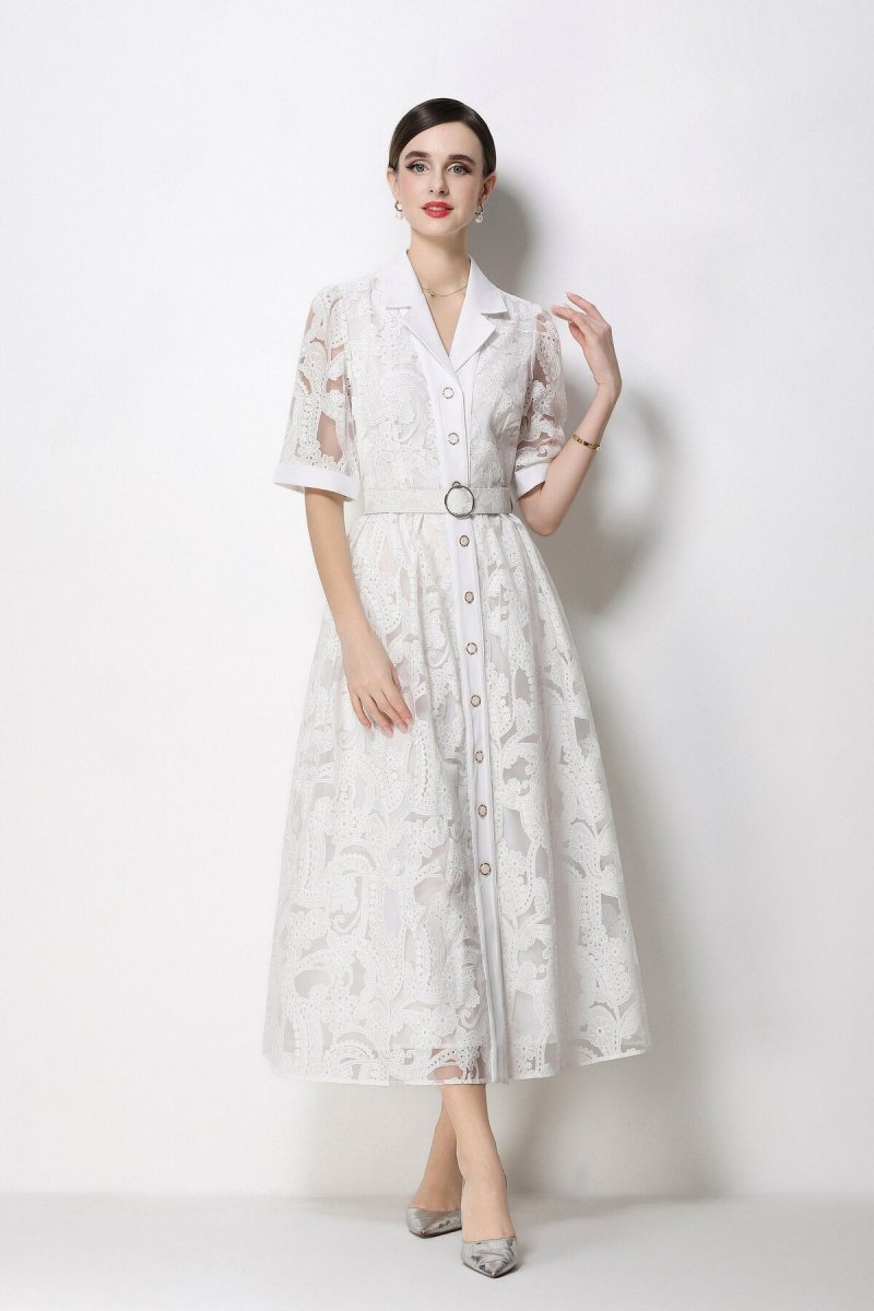 Paisley Cutwork Lace Notched-Collar Midi Dress with Cuffed Sleeves