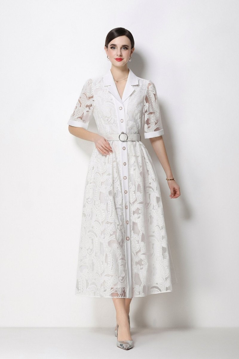 Paisley Cutwork Lace Notched-Collar Midi Dress with Cuffed Sleeves