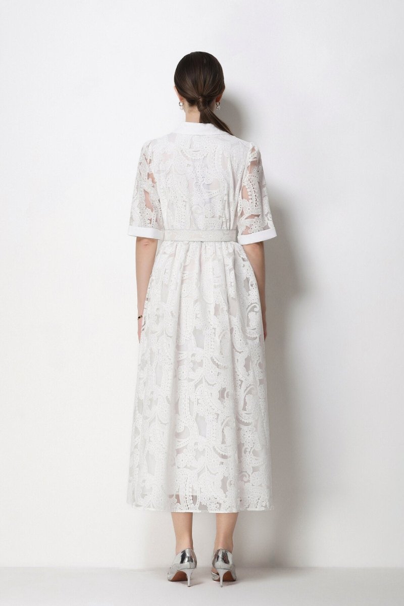 Paisley Cutwork Lace Notched-Collar Midi Dress with Cuffed Sleeves