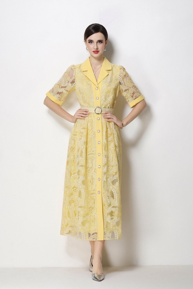 Paisley Cutwork Lace Notched-Collar Midi Dress with Cuffed Sleeves