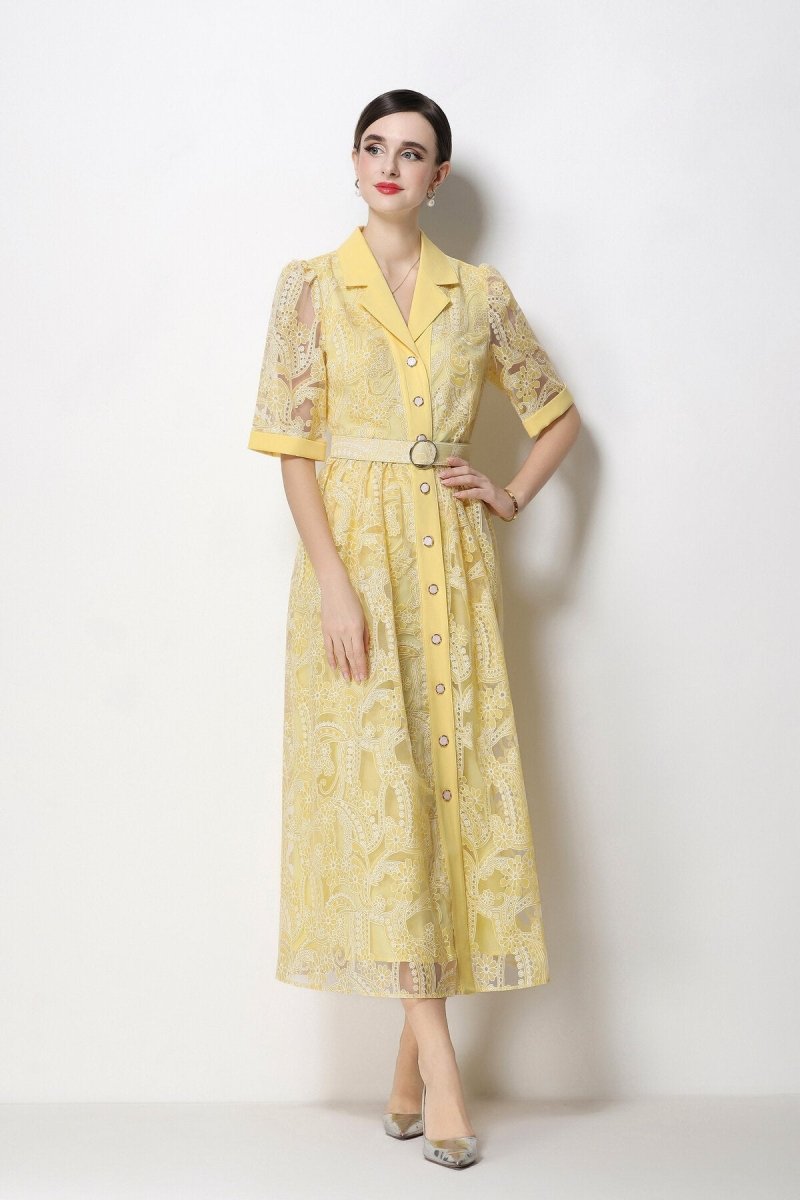 Paisley Cutwork Lace Notched-Collar Midi Dress with Cuffed Sleeves