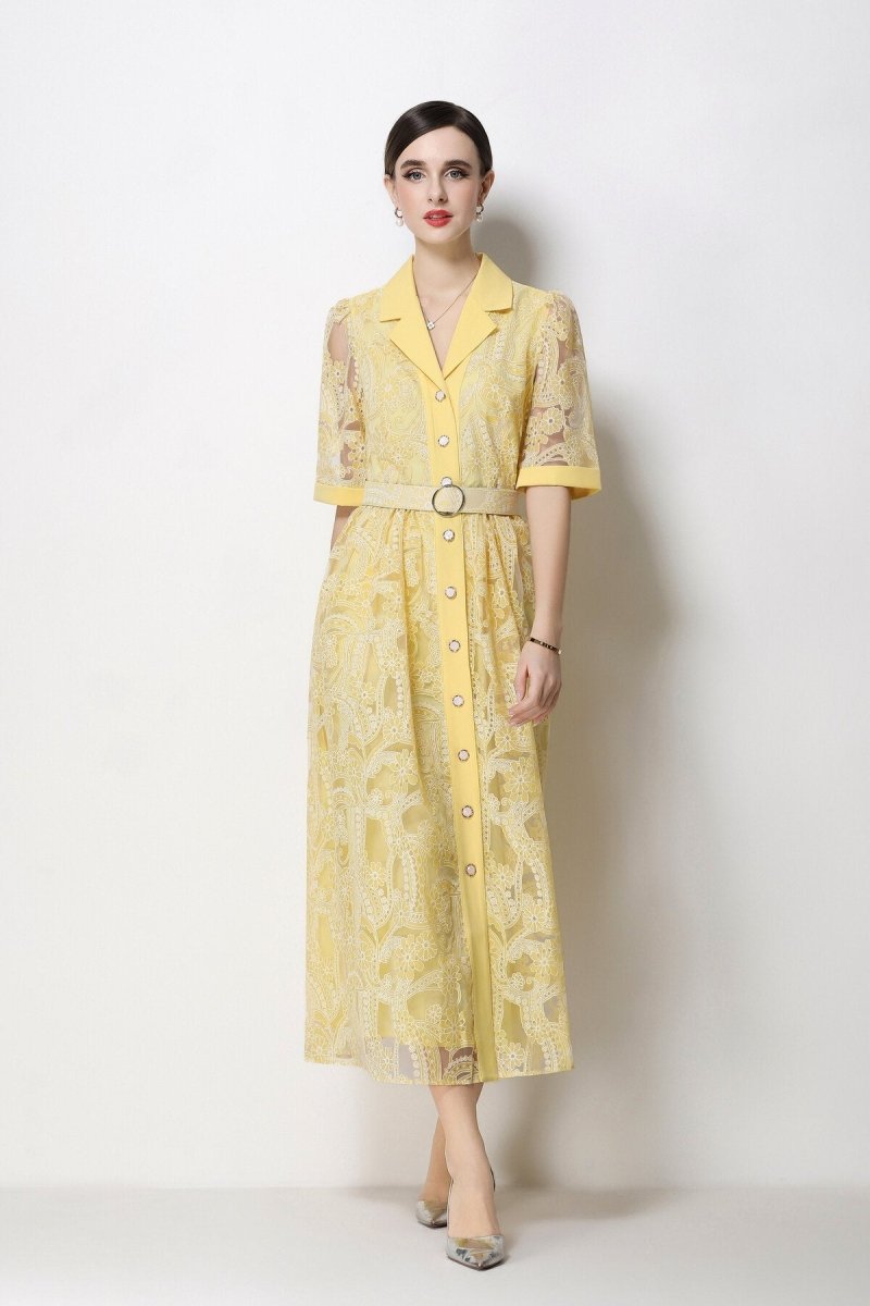 Paisley Cutwork Lace Notched-Collar Midi Dress with Cuffed Sleeves