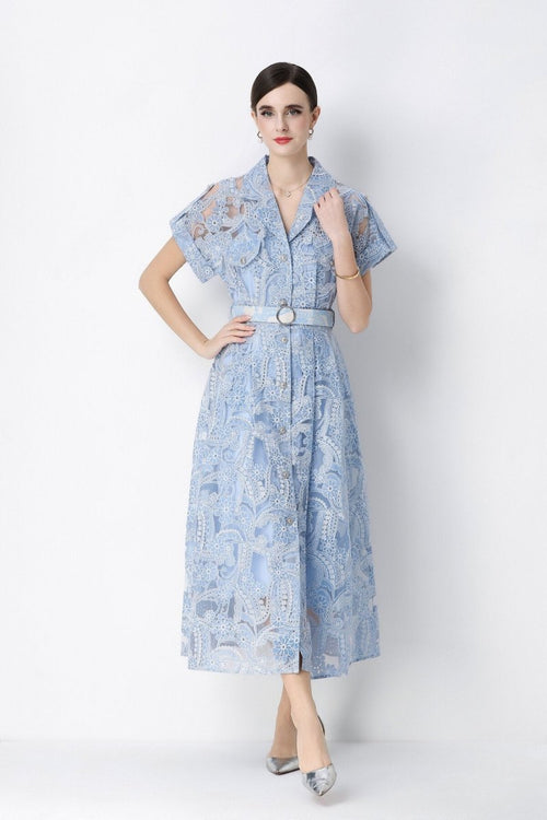 Paisley Cutwork Lace Notched-Collar Shirt Midi Dress with Chest Pockets