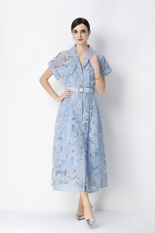 Paisley Cutwork Lace Notched-Collar Shirt Midi Dress with Chest Pockets