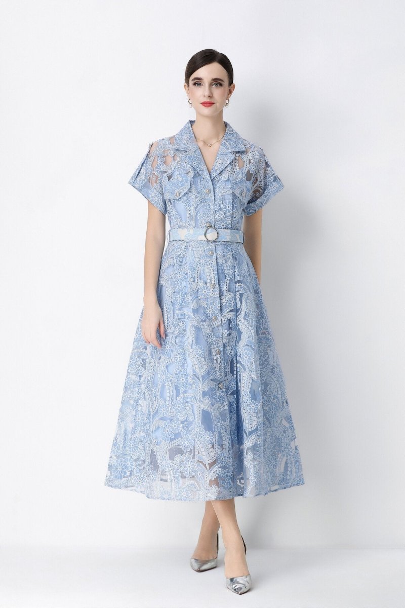 Paisley Cutwork Lace Notched-Collar Shirt Midi Dress with Chest Pockets
