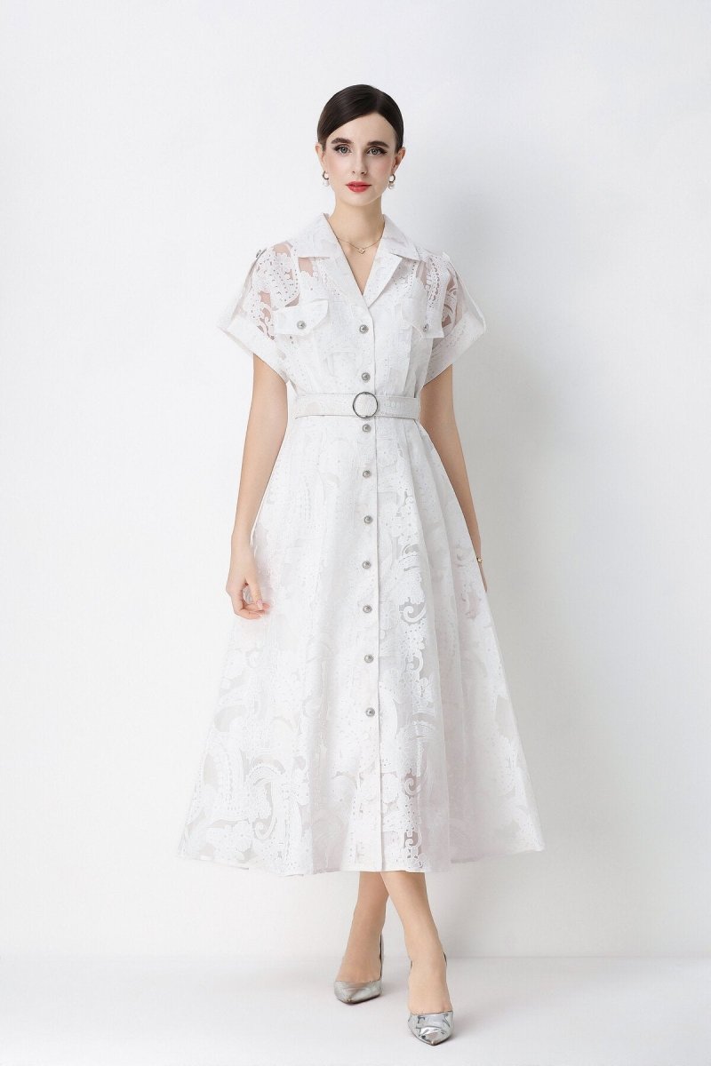 Paisley Cutwork Lace Notched-Collar Shirt Midi Dress with Chest Pockets