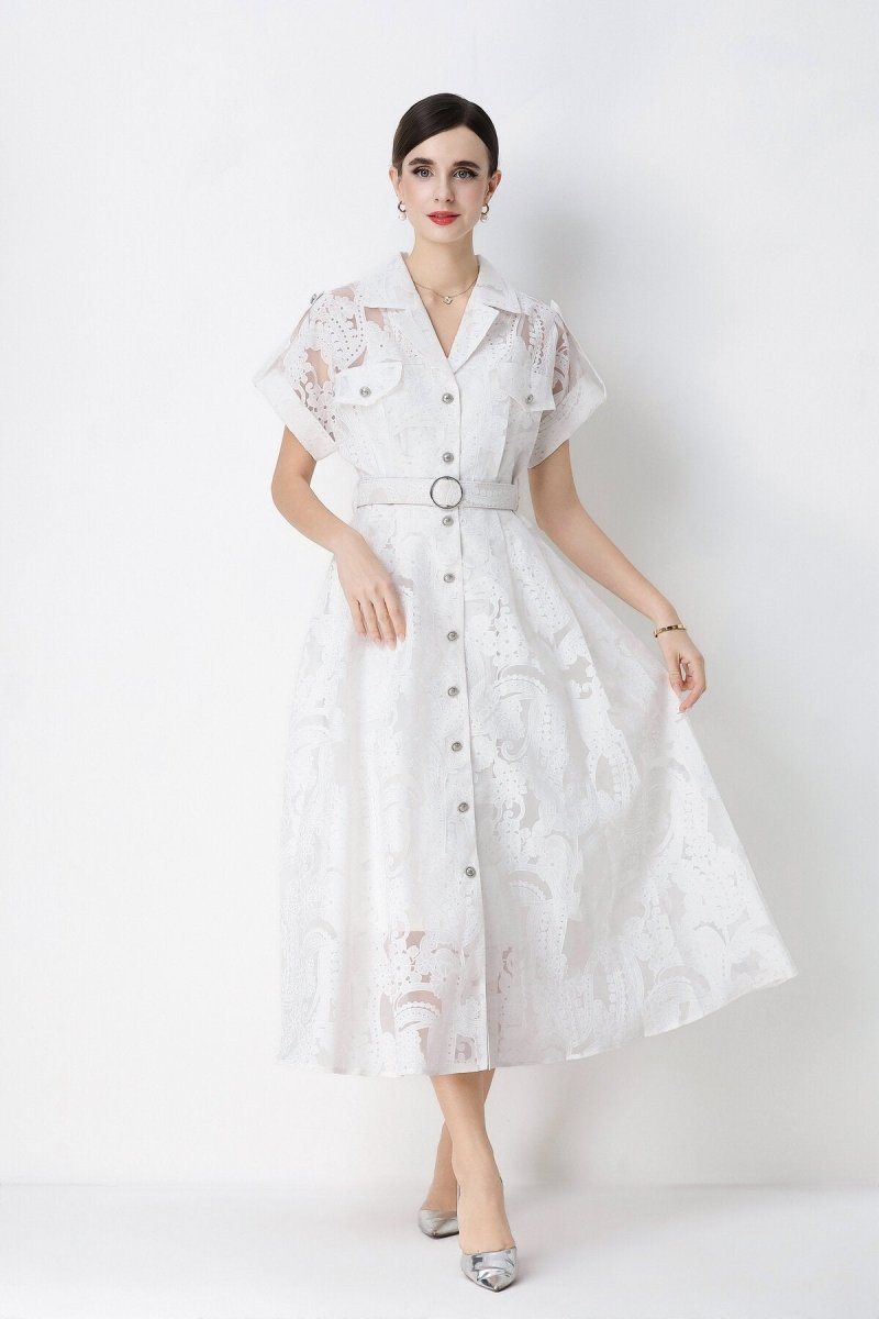 Paisley Cutwork Lace Notched-Collar Shirt Midi Dress with Chest Pockets