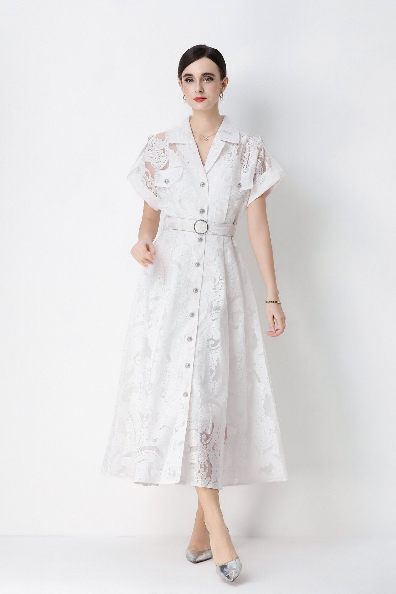 Paisley Cutwork Lace Notched-Collar Shirt Midi Dress with Chest Pockets