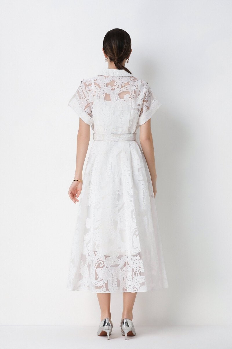 Paisley Cutwork Lace Notched-Collar Shirt Midi Dress with Chest Pockets