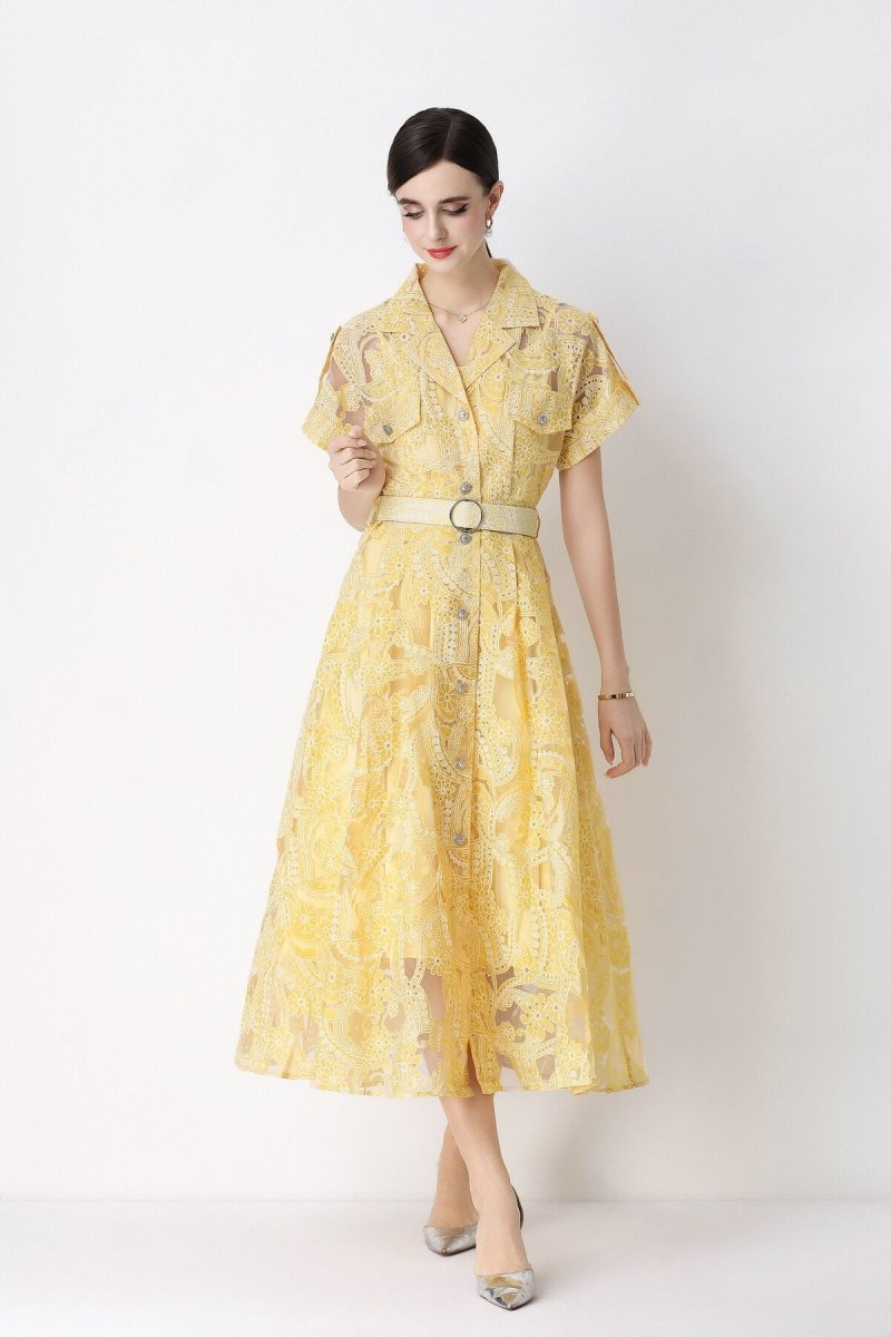 Paisley Cutwork Lace Notched-Collar Shirt Midi Dress with Chest Pockets
