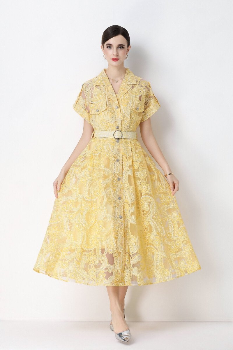 Paisley Cutwork Lace Notched-Collar Shirt Midi Dress with Chest Pockets