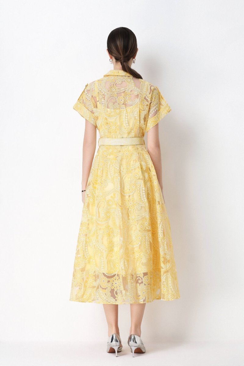 Paisley Cutwork Lace Notched-Collar Shirt Midi Dress with Chest Pockets