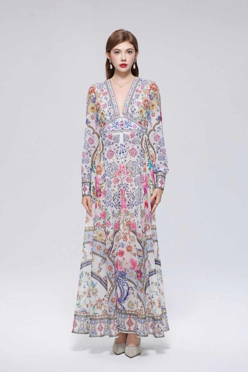 Paisley Floral Print Deep V-Neck Maxi Dress with Button-Front Placket and Empire Waist Trim