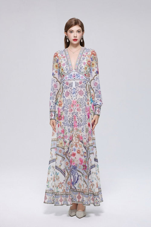 Paisley Floral Print Deep V-Neck Maxi Dress with Button-Front Placket and Empire Waist Trim