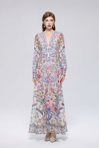Paisley Floral Print Deep V-Neck Maxi Dress with Button-Front Placket and Empire Waist Trim