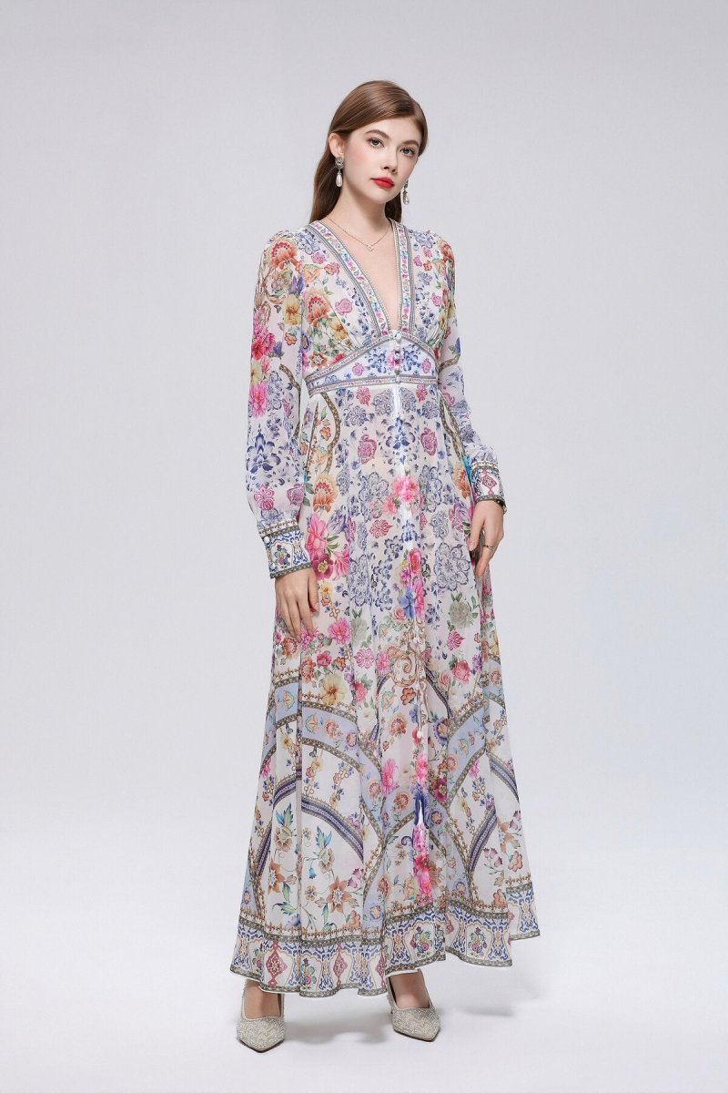 Paisley Floral Print Deep V-Neck Maxi Dress with Button-Front Placket and Empire Waist Trim