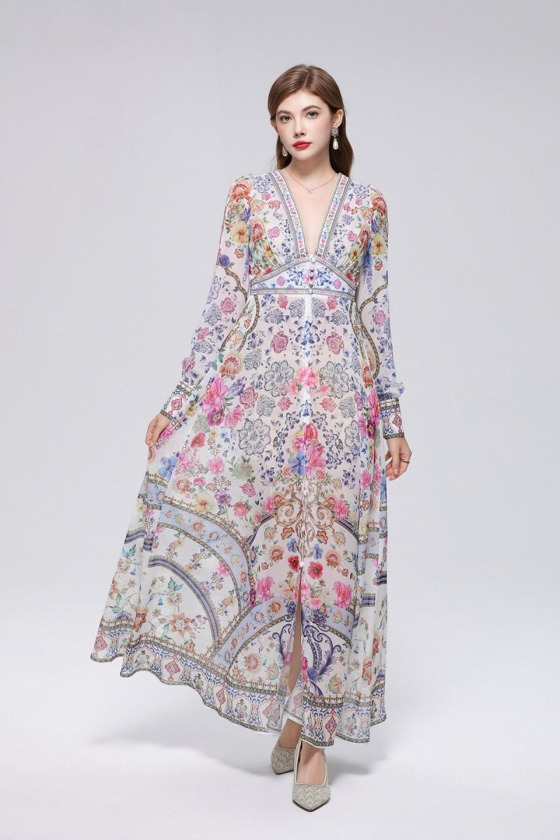 Paisley Floral Print Deep V-Neck Maxi Dress with Button-Front Placket and Empire Waist Trim