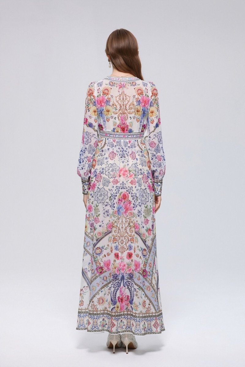 Paisley Floral Print Deep V-Neck Maxi Dress with Button-Front Placket and Empire Waist Trim