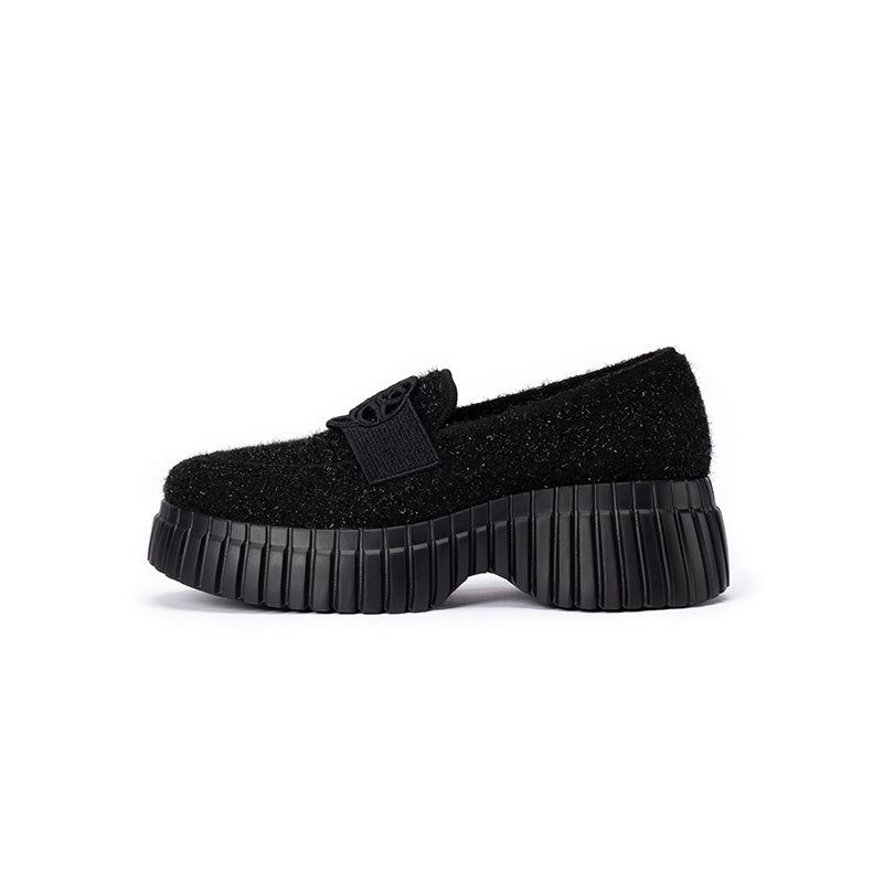 Paris Tweed Platform Loafers – Heart Strap Chunky Knit Shoes