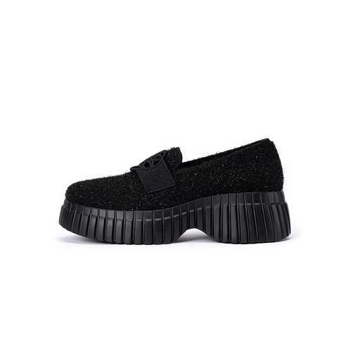 Paris Tweed Platform Loafers – Heart Strap Chunky Knit Shoes