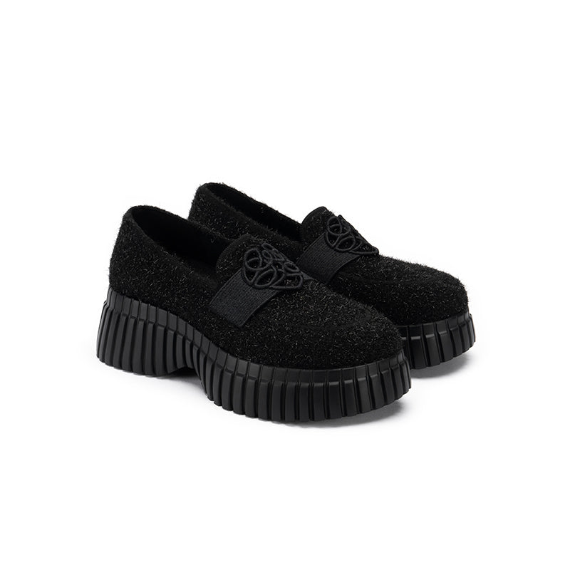 Paris Tweed Platform Loafers – Heart Strap Chunky Knit Shoes