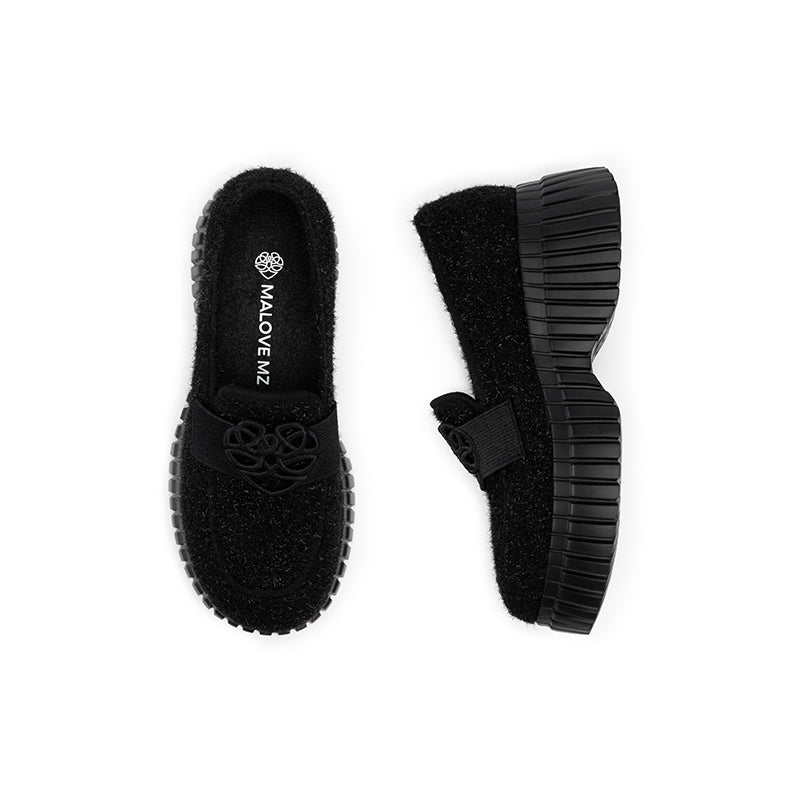Paris Tweed Platform Loafers – Heart Strap Chunky Knit Shoes