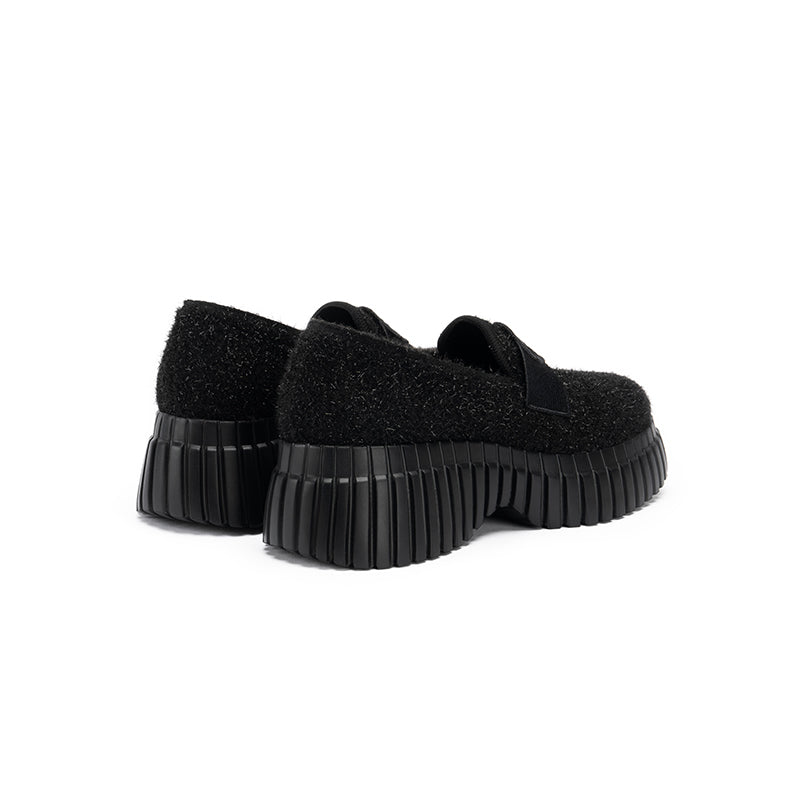 Paris Tweed Platform Loafers – Heart Strap Chunky Knit Shoes