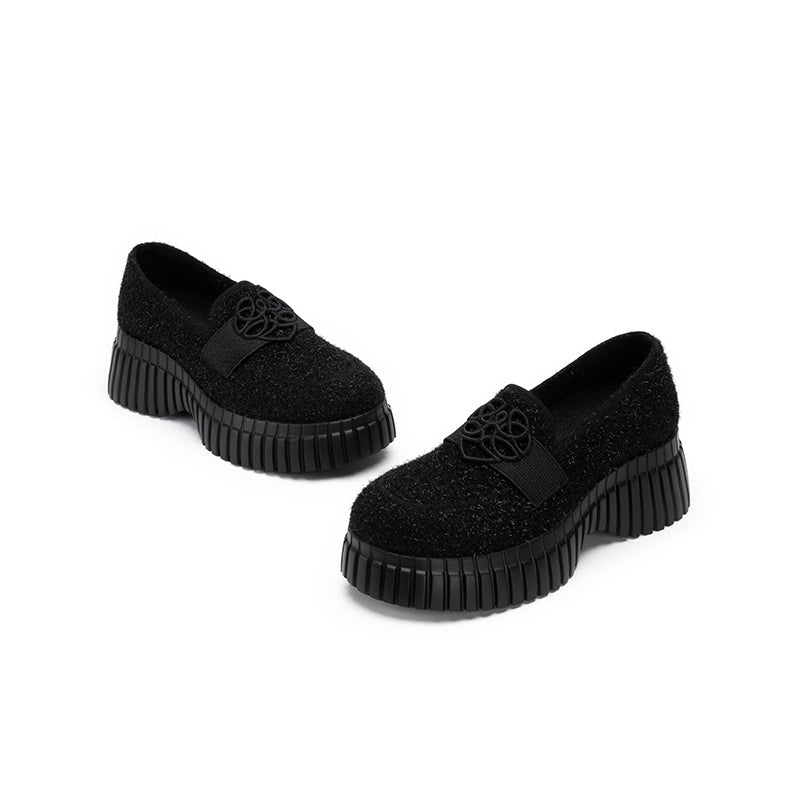 Paris Tweed Platform Loafers – Heart Strap Chunky Knit Shoes