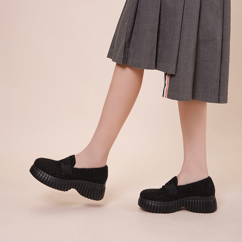 Paris Tweed Platform Loafers – Heart Strap Chunky Knit Shoes