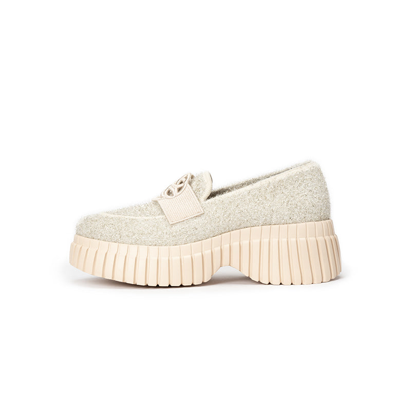 Paris Tweed Platform Loafers – Heart Strap Chunky Knit Shoes