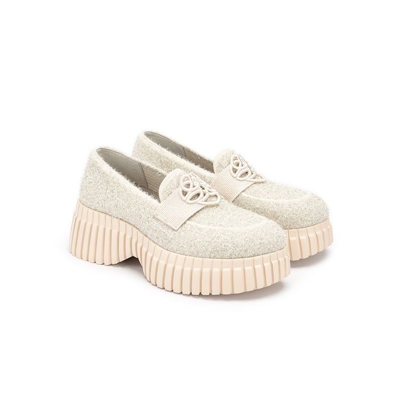 Paris Tweed Platform Loafers – Heart Strap Chunky Knit Shoes