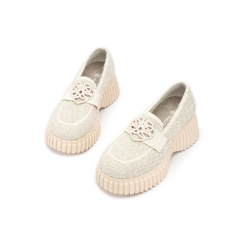 Paris Tweed Platform Loafers – Heart Strap Chunky Knit Shoes