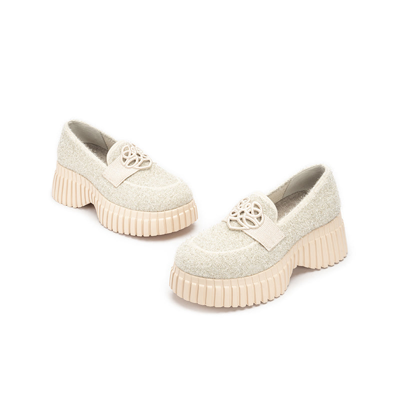 Paris Tweed Platform Loafers – Heart Strap Chunky Knit Shoes