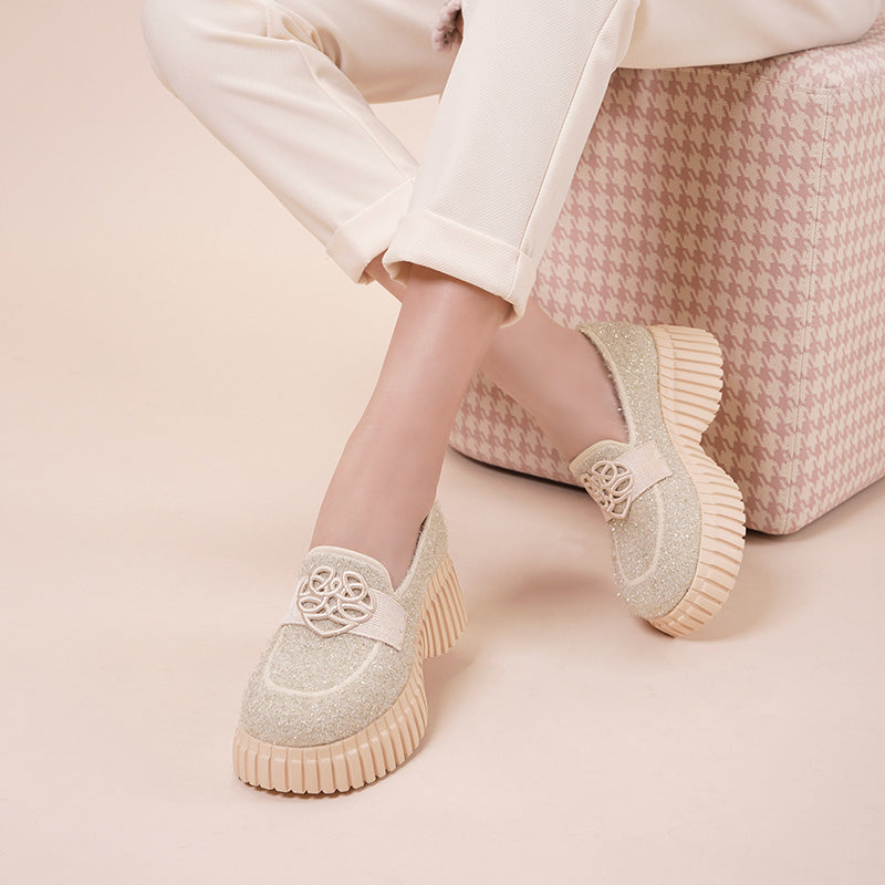 Paris Tweed Platform Loafers – Heart Strap Chunky Knit Shoes