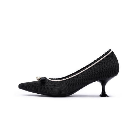 Parisian Pearl Bow Kitten Heels – Pointed Toe Wine Glass Knit Pumps