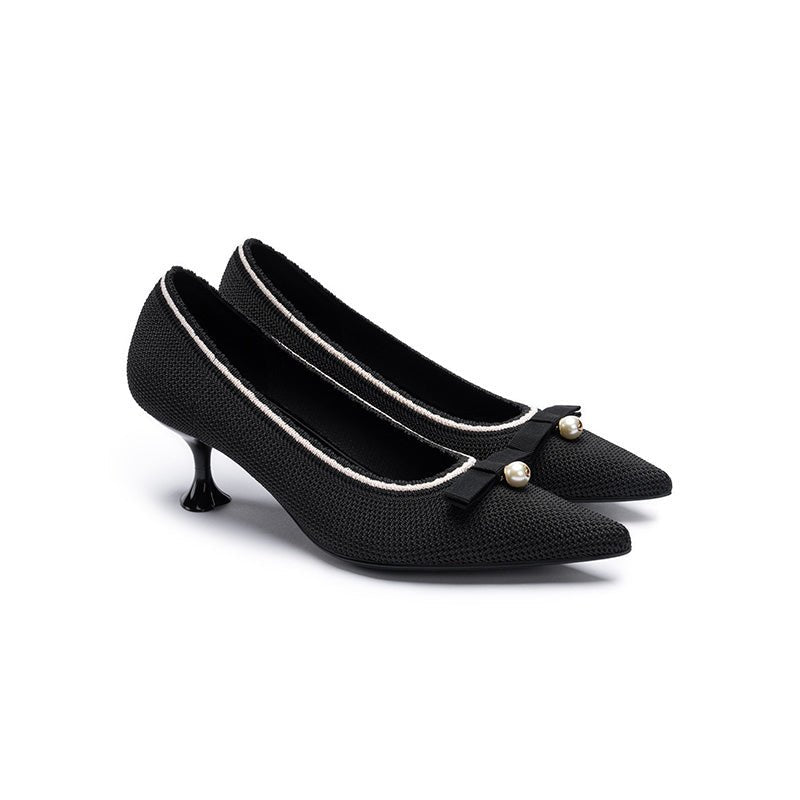 Parisian Pearl Bow Kitten Heels – Pointed Toe Wine Glass Knit Pumps