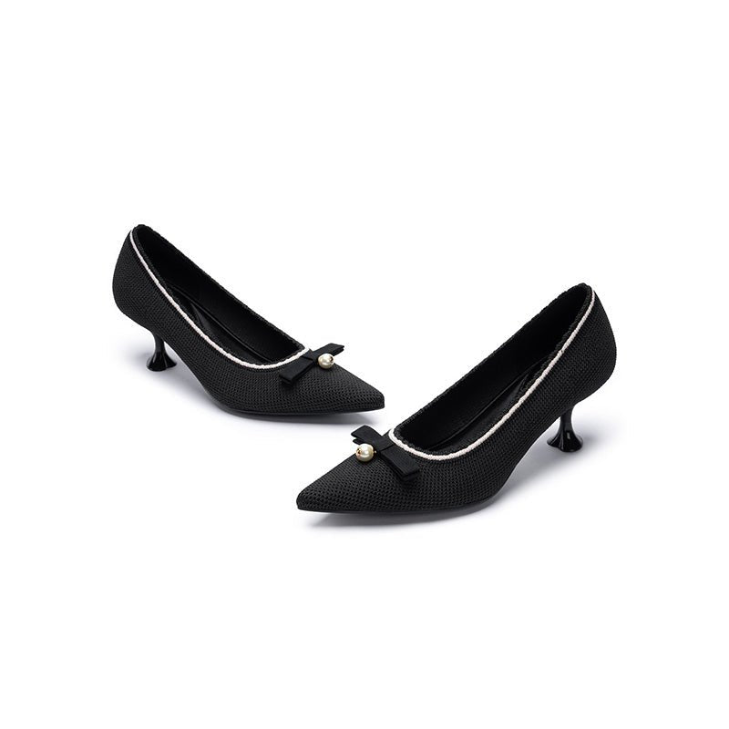 Parisian Pearl Bow Kitten Heels – Pointed Toe Wine Glass Knit Pumps