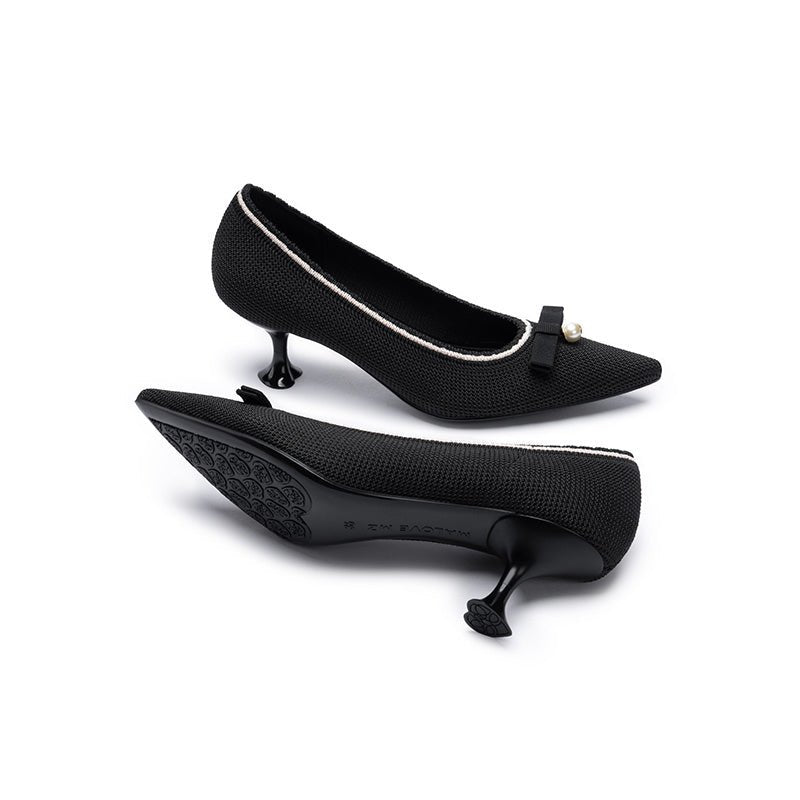 Parisian Pearl Bow Kitten Heels – Pointed Toe Wine Glass Knit Pumps